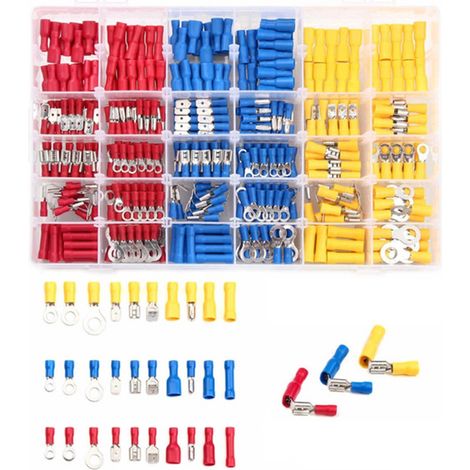 Kit de cosses à sertir - 480 pièces - 30 types - Manchons plats à insertion - Connexion par sertissage avec manchons isolants, fiches plates, cosses à œillet, cosses, boîte d'assortiment - Connecteurs (1/4)