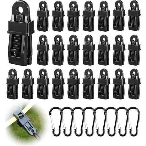 32 Pièces Attache Bache Piscine Set, 24 Pince pour Bache et 8 Mousqueton, Fixation Bache pour Camping, Carvanes, Pique-Nique (1/5)