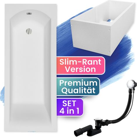 Badewanne Rechteck 150x70 mit Wannenträger, Ablaufgarnitur & Füßen GRATIS - Komplettset 4in1 Original Acryl Wanne Siphon - BADLAND SHEA SLIM (1/5)