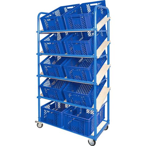 BRB Schrägboden-Regalwagen mit 5 Ebenen, bestückt mit 10 Euroboxen durchbrochen 600x400x240 mm blau