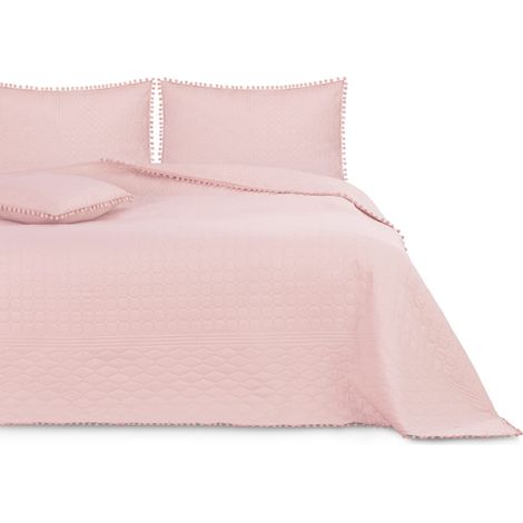 AmeliaHome Copriletto con pompon 240 x 260 cm, copriletto double-face, trapuntato, in poliestere, colore: rosa cipria (1/5)