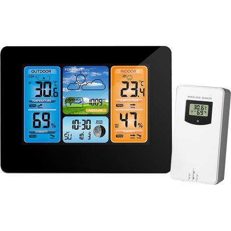Wetterstation mit Atomuhr – Kabelloses Innen-/Außenthermometer mit Hygrometer (bis 60 m Reichweite), Wettervorhersage und Barometer, HD-LCD-Bildschirm (1/5)