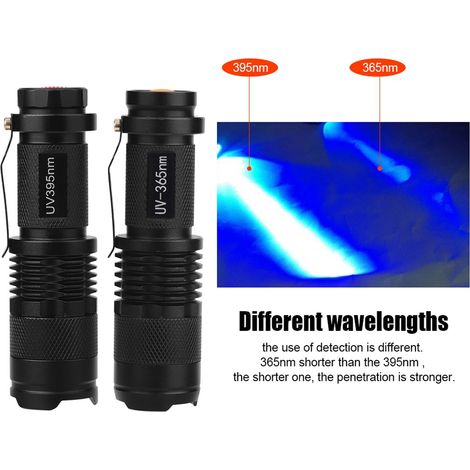 Lampe torche UV 395nM LED ultra violette, lampe d'inspection noire, détecteur de fluorescence, éclairage portatif puissant pour contrôle et détection. (1/5)