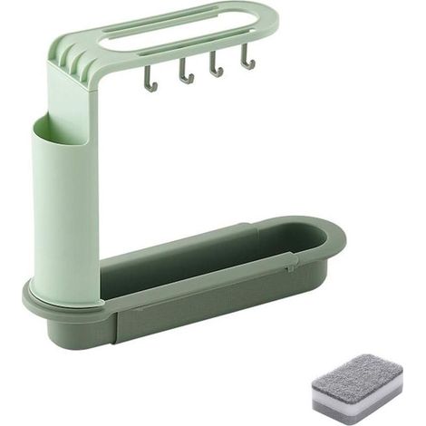 Égouttoir télescopique pour évier, plateau égouttoir réglable, égouttoir d'évier de cuisine avec éponge de nettoyage (vert) (1/5)