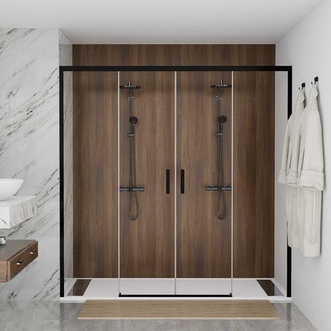 Mampara de Ducha frontal Negra Corredera F1 2 fijo + 2 puertas – Sin Perfil Bajo  Decoracion Mampara: Cristal Transparente - Mamparas: 140 cm