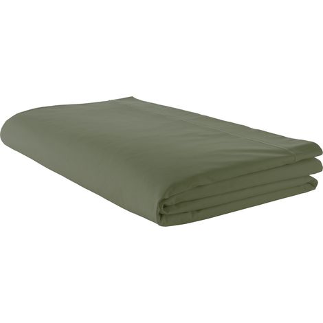 Drap plat piqué uni en percale de coton Kaki 180x290 cm (1/3)
