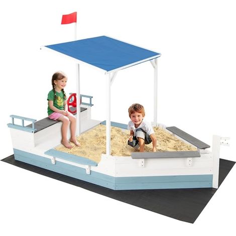 Sabbiera a forma di nave pirata con tetto e bandiera Timone, Sabbiera in legno senza fondo, Area giochi, per 3-8 anni (1/5)