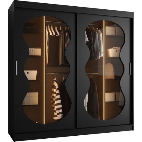 Armoire Hartford 532, Noir, 200x200x62cm, Portes d'armoire: Coulissantes, Nombre d'étagères: 5, LED: Disponible
