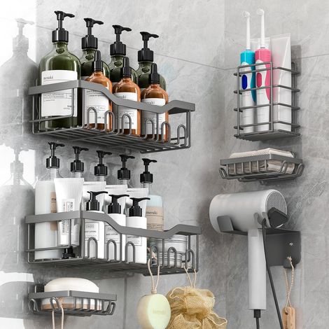 6 Pièces Étagère de Douche, Acier Inoxydable, Sans Perçage, Auto-adhésif, Rangement Salle de Bain (1/5)