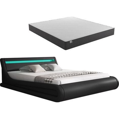 Cama Canapé de matrimonio con colchón  Cama doble con Cabecero y Canapé LED  Somier de lamas  Negro  Madera y polipiel  Modelo Parisina  140x190