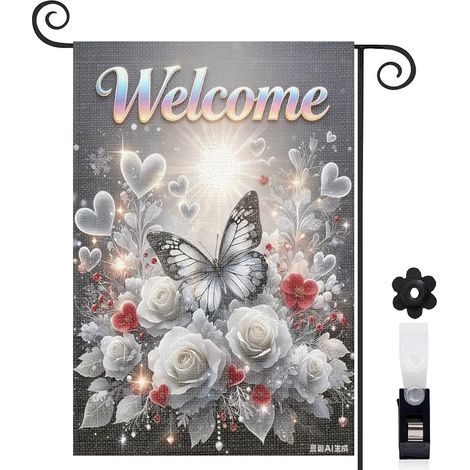 Drapeau de jardin 30 x 45 cm motif papillon élégant et bouquet floral toile double face durable pour entrée maison (1/5)