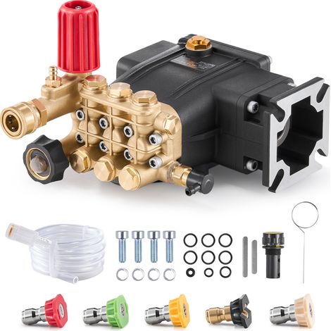 Mophorn Bomba para hidrolavadora, 3300 PSI, 2,5 GPM, émbolo triple horizontal con eje de 3/4", con 5 boquillas, repuesto para Simpson MorFlex 40224, 40225, 40226, Santoprene (1/5)