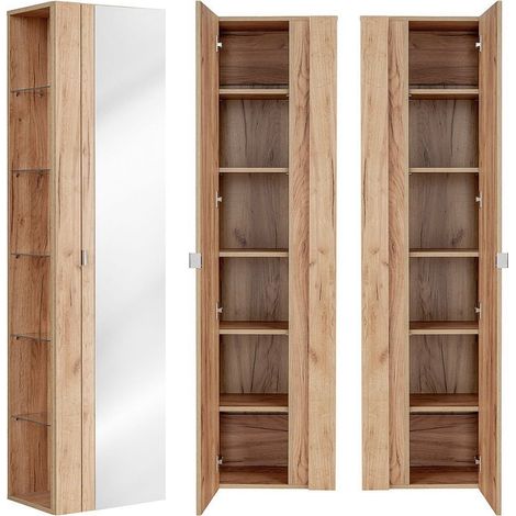 Badezimmer Hochschrank mit Spiegel TOSKANA-56 in Wotaneiche Nb. B/H/T ca. 45/170/33cm (1/5)