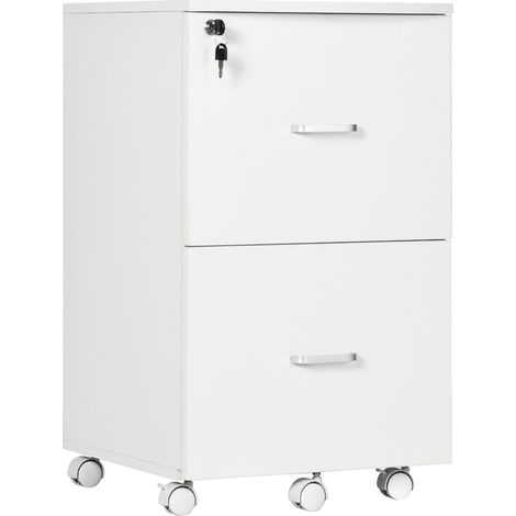Armadietto da Ufficio con 2 Cassetti e 5 Ruote, Schedario in MDF e Truciolato, 43x45x72 cm, Bianco