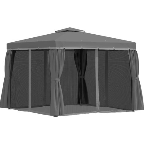 Pavillon de jardin 2,96 x 2,96 m avec double toit, rideaux et moustiquaires, structure aluminium et polyester (1/5)
