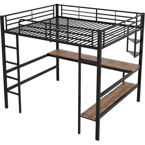 Hochbett 140 x 200 cm aus Metall, schwarz, mit Schreibtisch, Regalen und Bücherregal (1/5)