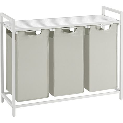 Vasagle – Panier à linge 3 compartiments – 3 sacs amovibles en tissu Oxford – Étagère en métal – Dimensions 92,5 x 33 x 72 cm – Blanc