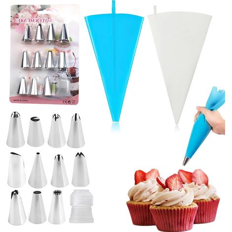 14 Pcs Douille Patisserie en Inox avec 2 Poche a Douille Réutilisable 14 Pouces Bleu et Blanc Kit de Décoration pour Gâteaux Cupcakes et Biscuits (1/5)