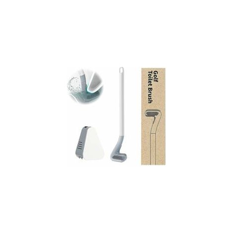 Brosse toilette en silicone à long manche, design golf, support mural, blanc – (1/4)