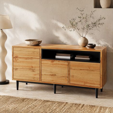 Moderne Kommode 160 x 35 x 76 cm mit 3 Türen und Regalböden, schwarz/Holz HAVRYA (1/5)