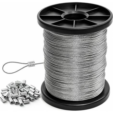 Câble en acier inoxydable 304 - 50 m - avec 20 gaines en aluminium - usage extérieur - guirlandes lumineuses - câbles de tension - cordes à linge - 50 m (1/2)