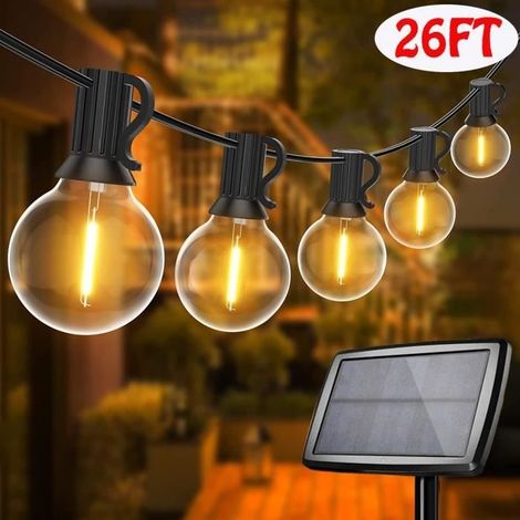 Guirlande Guinguette Extérieure Solaire 26FT Guirlande Lumineuse vec25+1 LED G40 Ampoules, 4 Modes d'éclairage,Solaire/USB (1/4)