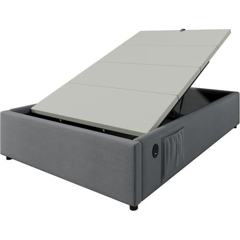 Polsterbett Einzelbett 90×200 cm, Struraumbett Bettgestell mit USB- C und Vollflächiger Lattenrost, Ohne Kopfteil, Baumwolle, Grau (1/5)