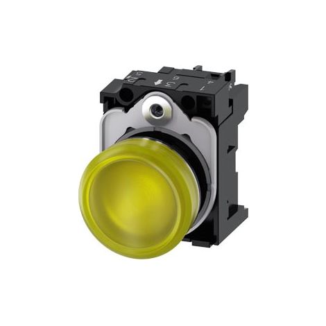 Indicatori luminosi, 22 mm, tondi, in metallo, lucidi, gialli, plastica, lisci, con supporto, modulo LED con LED integrato 110 V AC, morsetto a vite