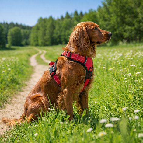 belviona Anti-Zug Hundegeschirr, gepolstertes Y-Geschirr für Hunde mit Kontrollgriff, reflektierend & verstellbar, Größe S, rot (1/5)