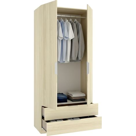 Armario 2 Puertas Montclare, Ropero Dormitorio con Barra, 2 Cajones, un Estante, 51x204 cm Alto, Marrón
