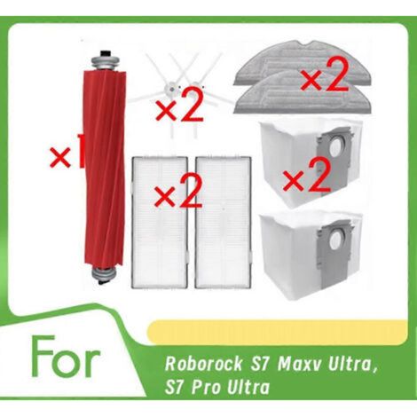 Accessoires pour aspirateur Roborock S7 Maxv Ultra/S7 Pro Ultra : brosse principale, filtre à poussière, brosse latérale, brosse de nettoyage.
