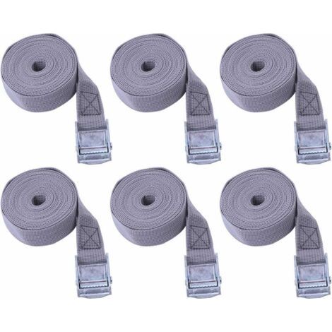 QORVA-Sangle a cliquet Lot de 6, Sangle Bagage polypropylène, Sangles d'arrimage, Utilisé pour Voiture, Moto, Kayak, reglable, Frottement résistant à l'usure, Pas Facile à corroder (Gris, 25mmX2m)