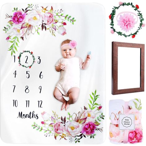 Meilensteindecke Couverture pour bébé avec motif floral, couverture mensuelle pour bébé garçon et fille, couverture pour bébé avec mois, cadeau de naissance, 130 x 100 cm (1/5)