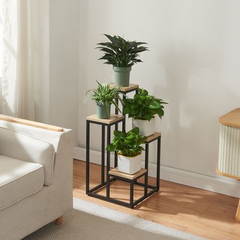 Soporte para plantas Ameland de 4 niveles metal/aglomerado 67 x 34 x 34 cm negro / madera [en.casa] (1/5)