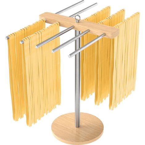 Fresh Pasta Dryer Spaghetti Dryer Stainless Steel 304, Wooden Base Noodle Drying Rack with 10 Removable Arms for Up to 2kg Fresh Spaghetti Tagliatelle Fettuccine (1/5)