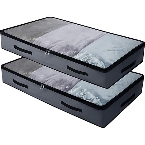 Set mit 2 transparenten Aufbewahrungstaschen für unter das Bett, Organizer für Schuhe und Kleidung, 97 x 45 x 14 cm, Oxford-Gewebe & PVC, faltbar und waschbar (Beige) (1/5)