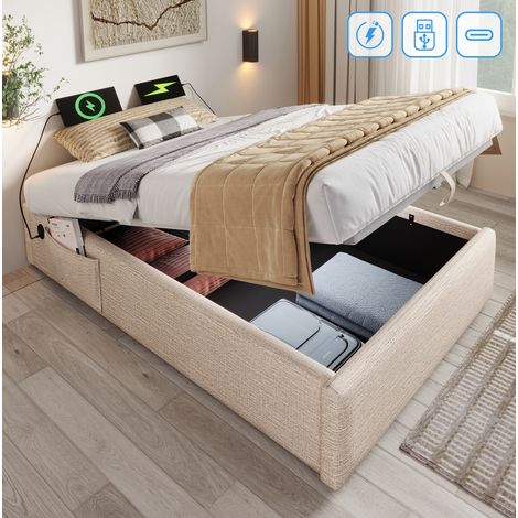 Stauraumbett 90/190 cm natur aus Leinen mit USB-C und Vollholz-Bettboden (1/5)