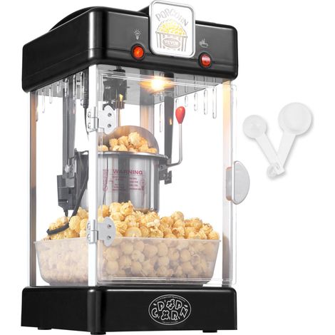 Machine à pop-corn 300 W avec cuve 70 g et plateau inclus, modèle de table noir, style cinéma, idéal pour soirées popcorn.