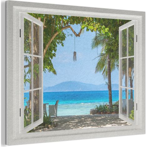 TABLEAU ACOUSTIQUE Vue - Arbre - Mer - Palmier - Collines - Plage - Bleu Panneau Insonorisant 80x60 cm (1/5)