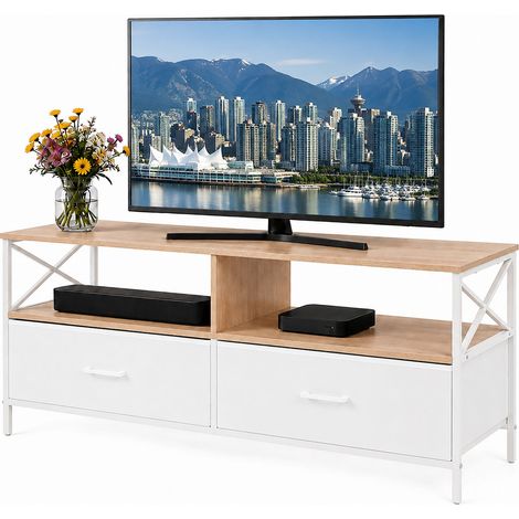 Relaxdays mueble TV bajo blanco efecto madera con cajones de tela, MDF y metal, almacenamiento multimedia, 50x120x40 cm (1/5)
