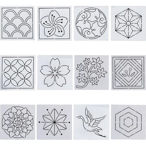 Lot de 12 Pochoir, Motif fleur, Acrylique, 14 x 14 cm, Sashiko, Broderie (1/5)