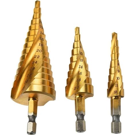 Lntyq Foret Etage HSS Flûte à Spirale 3 pièces 4-12mm/4-20mm/4-32mm, Outil de Forage revêtu de Titane, Acier Haute Vitesse Multifonctionnel à Queue hexagonale (1/4)