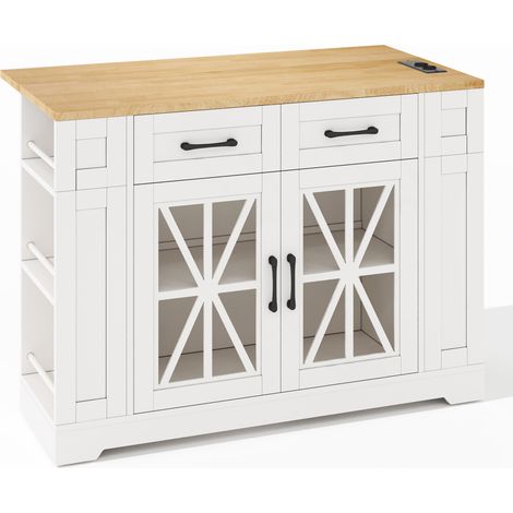 Isla de cocina móvil 120 cm con mesa plegable, puertas de cristal, USB y enchufes (1/5)