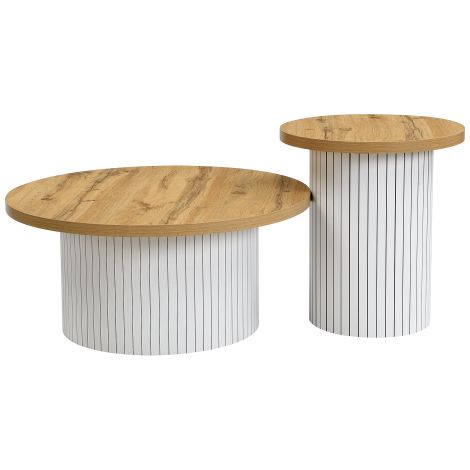 SOGES Table basse, table ronde double, table d'appoint avec plateaux en bois naturel. Table de salon multifonctionnelle,Blanc+Naturel (1/5)