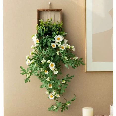 Pianta artificiale sospesa con cornice in legno – Decorazione da parete con fiori margherita per casa e ufficio (1/5)