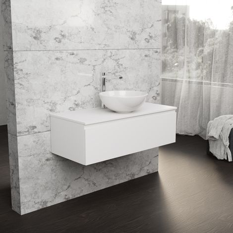 Inda - Badezimmerschrank B.100 mit Aufsatzwaschbecken / Mattweiß 1 Schublade - Rubin (1/5)