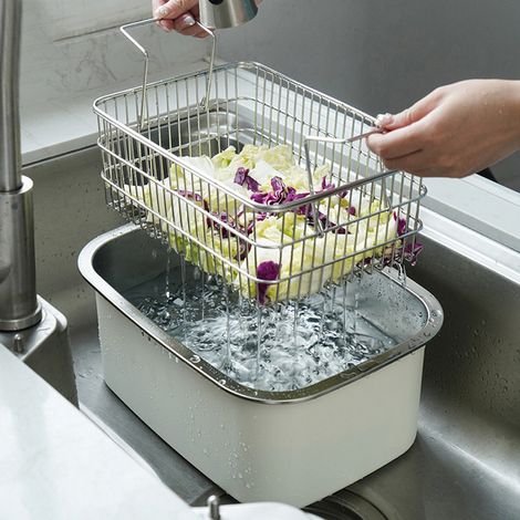 Spülbecken aus Edelstahl 304 mit 7,5 L, multifunktionales Gemüsewaschbecken mit Abtropfkorb (1/5)