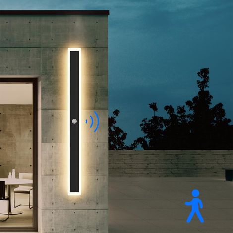 LED Longue Applique Murale Extérieure/Intérieure, 100CM/30W Applique Mural avec Détection de Mouvement, IP65 Acier inoxydable+Acrylique, pour villa/terrasse, Blanc Chaud 3000K, Noir (1/5)