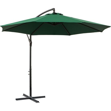 Parasol Excéntrico Inclinable Ø300x250 cm Vert avec Manivelle, Base Croisée et Support Acier