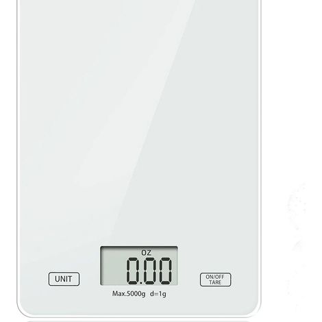 Balance de cuisine numérique de précision – Plateau en verre 5 kg/1 g, fonction tare, arrêt automatique, pour la pâtisserie, la cuisine et le barbecue (blanche)